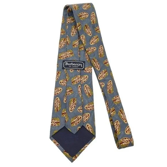 Vintage 80s Burberrys of London Silk Necktie Slate Gold Maroon Print Burberry